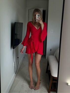 Red Wrap Mini Dress with Flared Sleeves